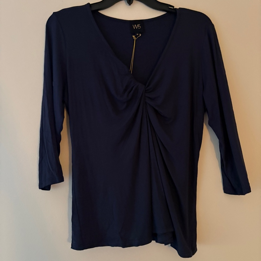 W5 Navy Twist Front Draped V Neck 3/4 Sleeve Blouse Medium NWT
